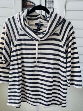 Chaps Black and White Striped Hooded Pullover Top